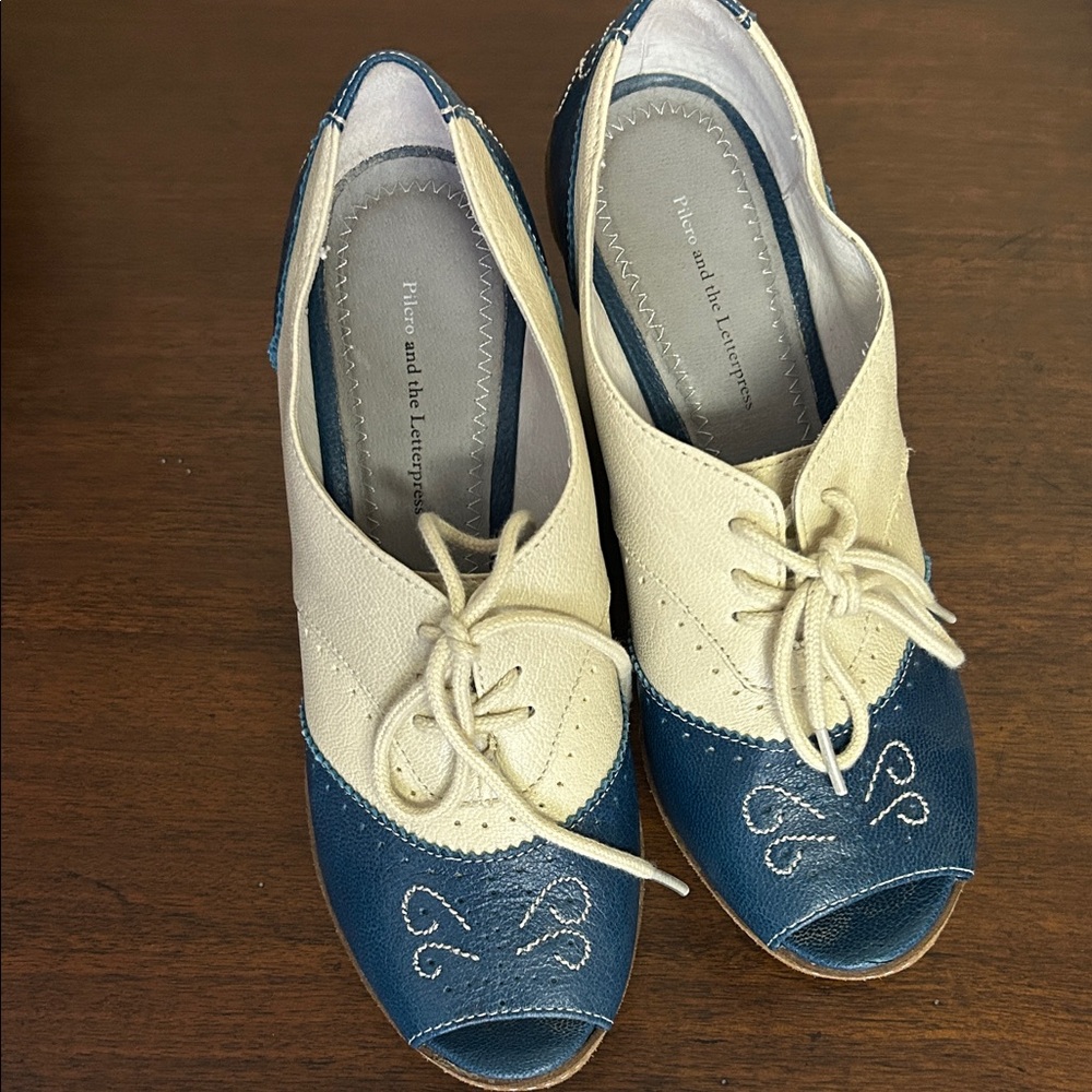 Pilcro and the Letterpress Blue and Cream Platform Shoes
